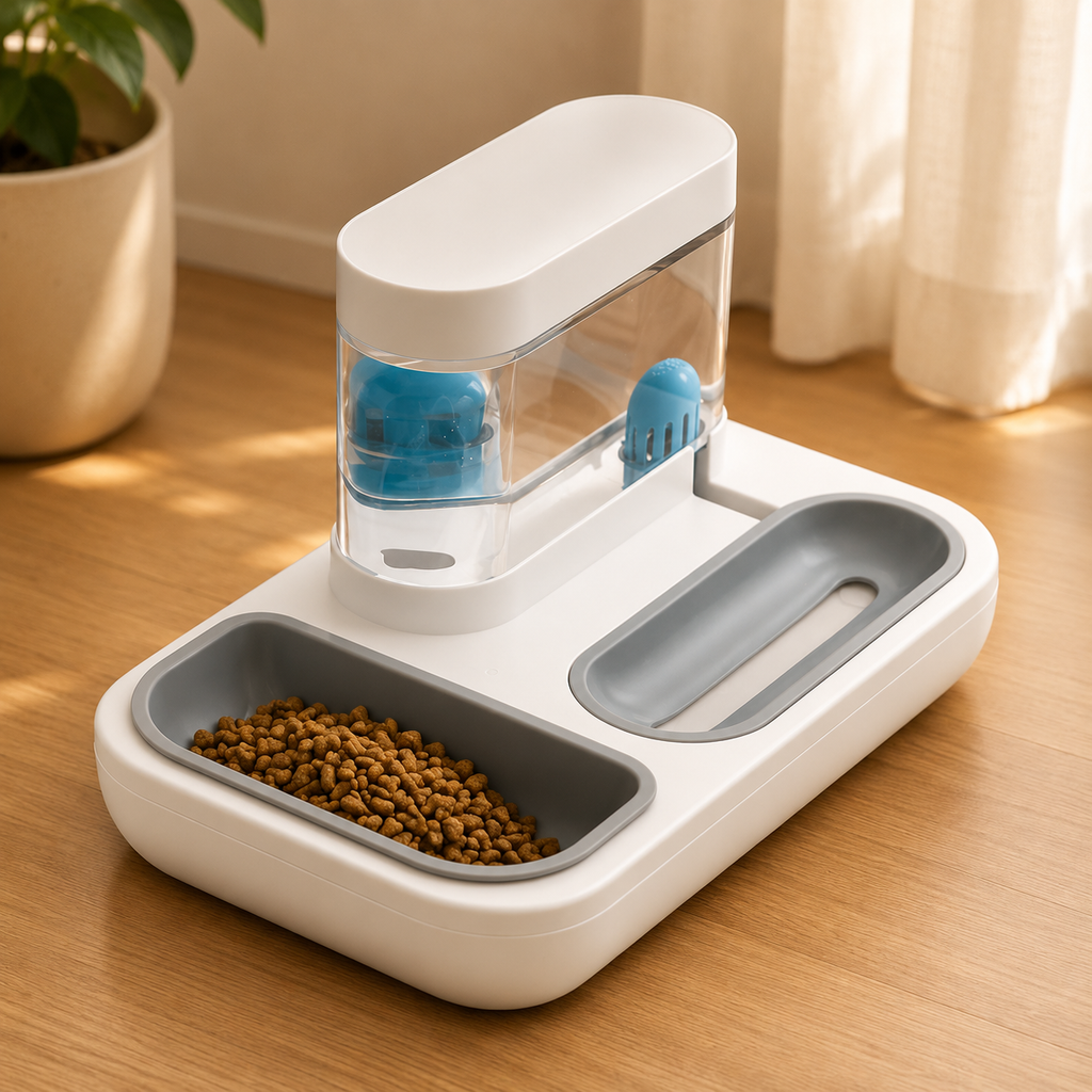 Dispenser automatico di cibo e acqua per cani e gatti