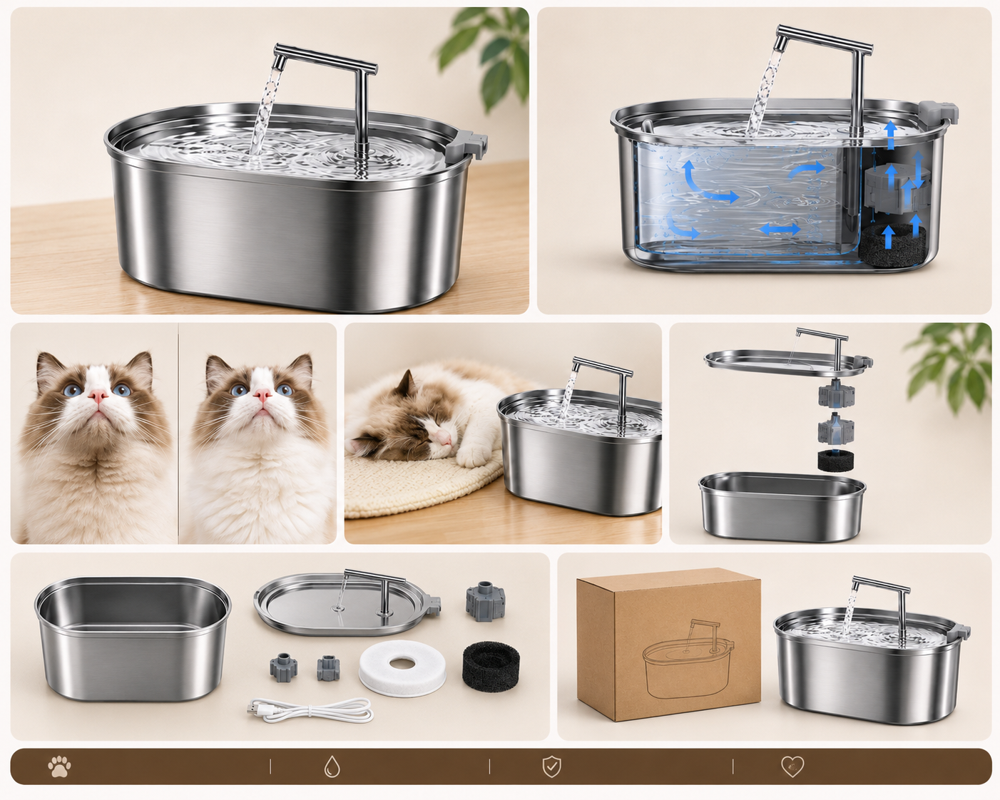 Fontana automatica in acciaio inox 3,2L con sistema di filtrazione per gatti