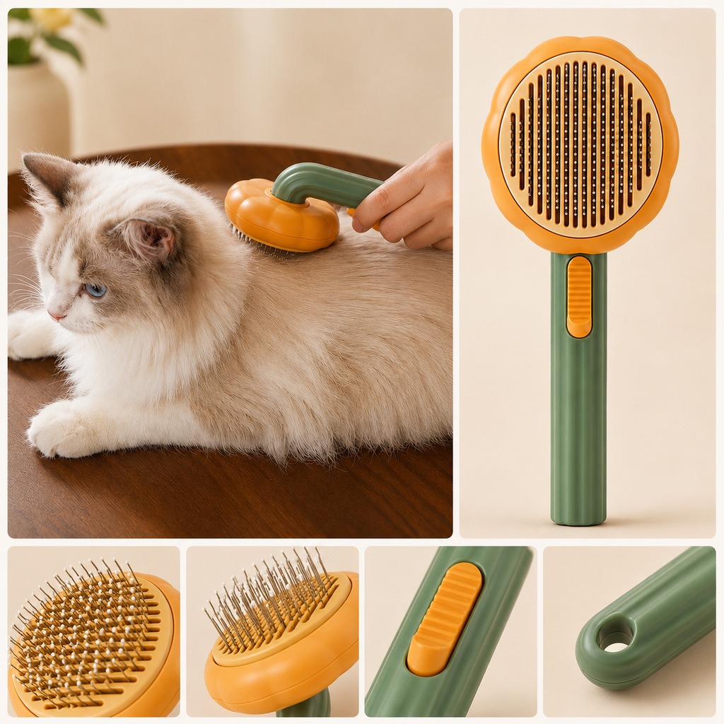 Spazzola autopulente per cani e gatti a forma di zucca – delicata sul pelo e facile da pulire