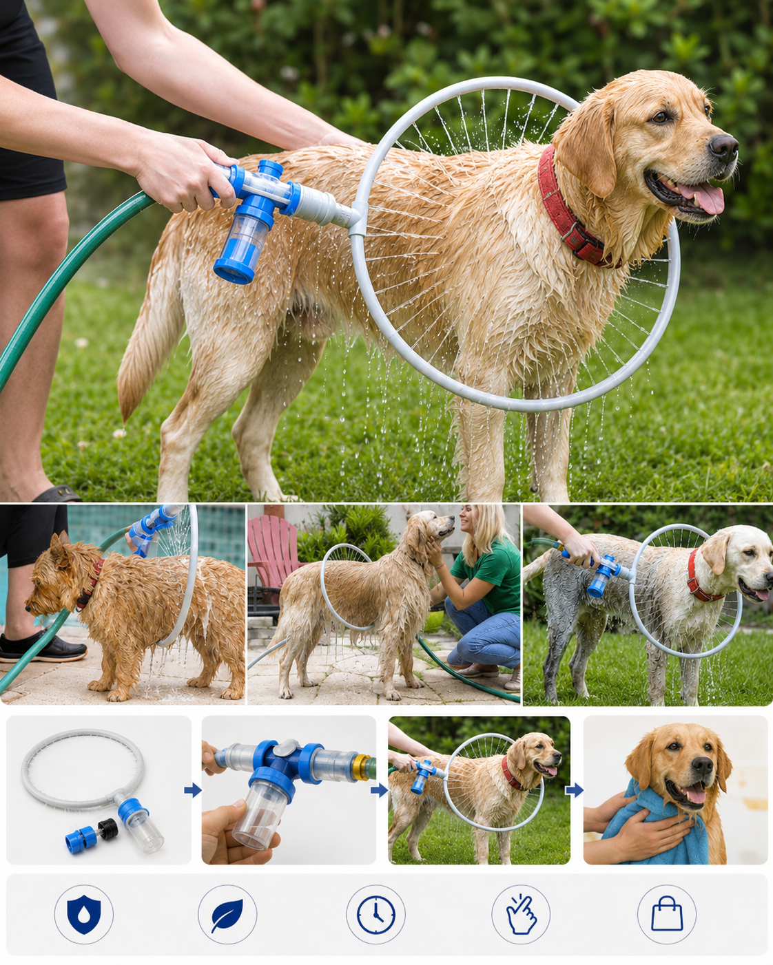 Doccia ad anello per cani con spruzzatore integrato